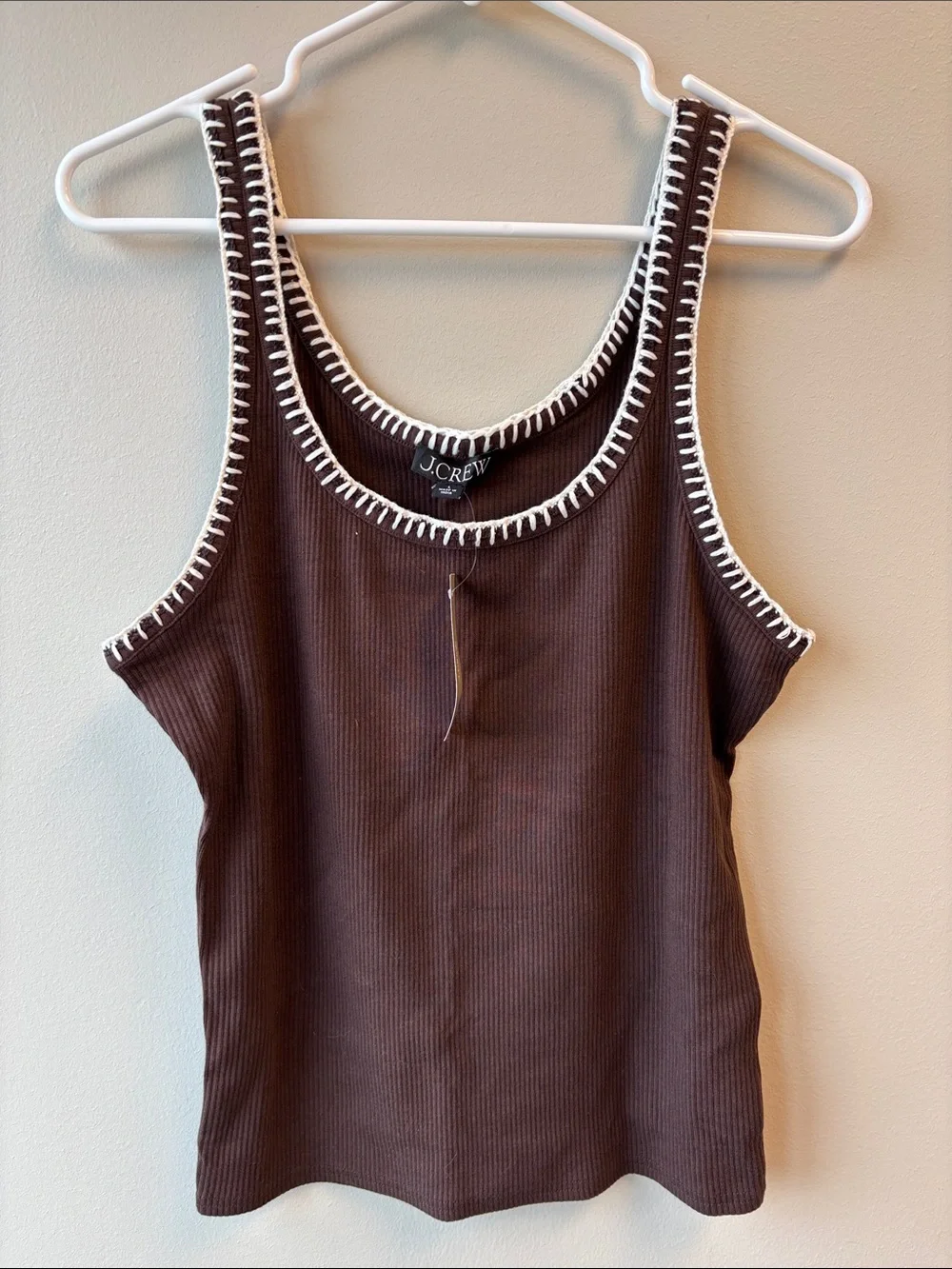 J. Crew Brown Ribbed Tank with White Whipstitch Trim